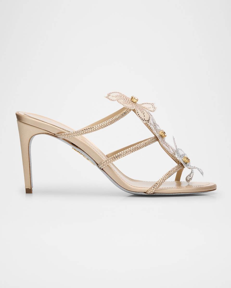 Floraine Crystal Flower Satin Cage Slide Sandals